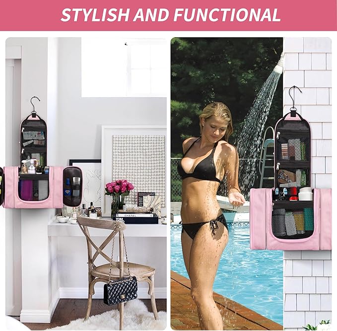 SPLF Extra Large Hanging Travel Toiletry Bag for Women, Water-resistant Toiletry Bags for Traveling, Makeup Cosmetic Bathroom Travel Bag for Toiletries, Shampoo, Full Sized Container- Pink