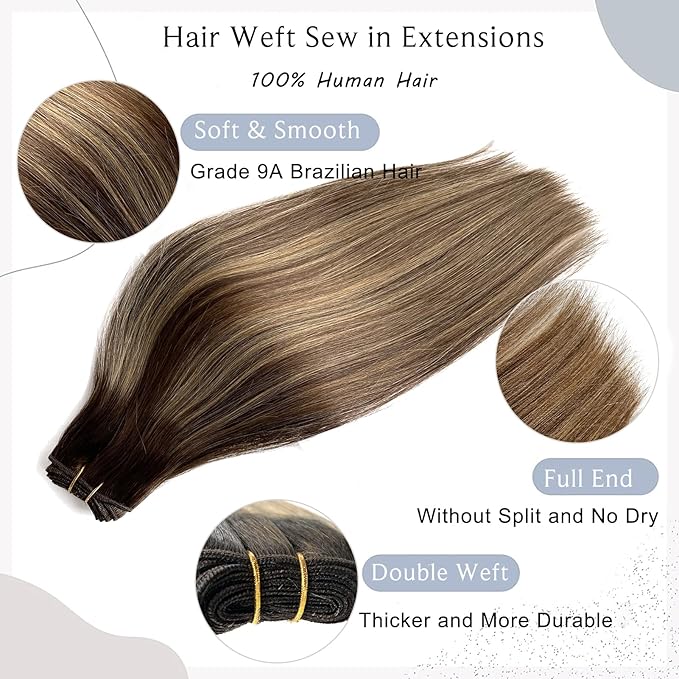 Sew in Hair Extensions Real Human Hair, 12 Inch 80G Hand Tied Weft Hair Extensions Human Hair Ombre Medium Brown Balayge Caramel Blonde Highlights Hair Extensions Real Human Hair Weft Weave Bundles
