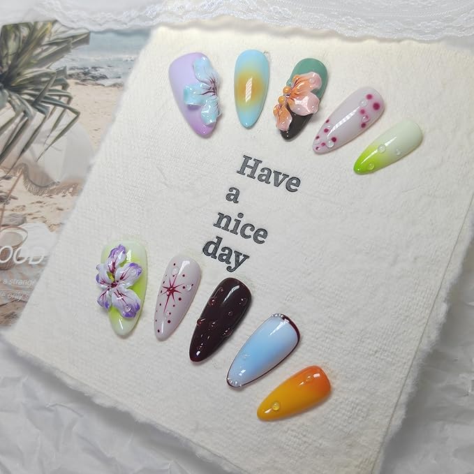 Almond Press on Nails Handmade Medium Long/Stiletto 3D Flower Fake Nail with Designs, Women Reusable False Nails (Floral Multicolor, M)