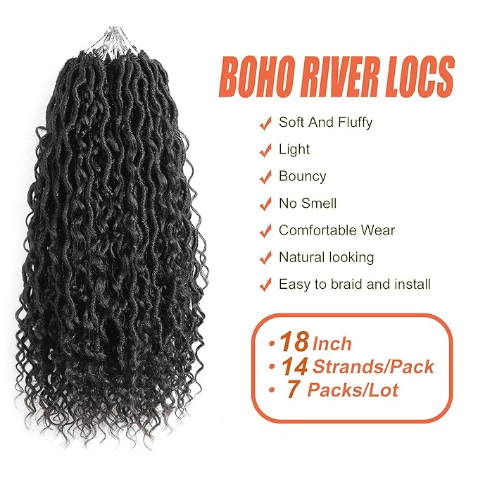 Aipin Goddess Locs Crochet Hair 18 Inch Boho River Locs Hippie Locs Wavy Crochet With Curly Hair In Middle And Ends Braids Hair Extensions (7Packs,18 inch, 1B)