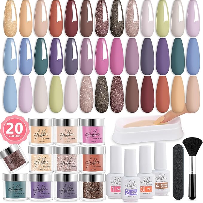 27 Pcs Fast Dry Dip Powder Nail Kit Starter 20 Colors Nude Gray Brown Dipping Powder with Essential Steps 1-4 Liquid & Nail Tools No UV/LED Lamp Needed Long Lasting Gift Set for Women AK34