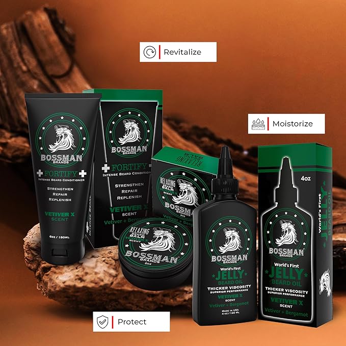 Bossman Essentials Beard Kit for Men – Beard Oil Jelly, Fortifying Conditioner Cream & Beard Balm – Grooming Care Accessories (Vetiver X Scent)