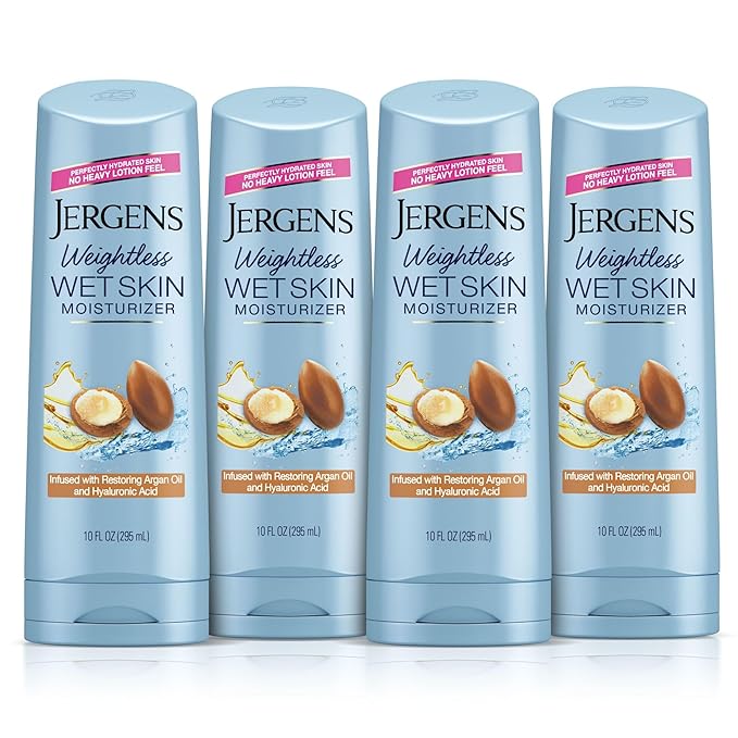 Jergens Wet Skin Body Moisturizer with Restoring Argan Oil, In Shower Lotion, Moisturizer for Dry Skin, Fast-Absorbing, Non-Sticky, 10 Ounces (Pack of 4), Dermatologist Tested (Packaging May Vary)