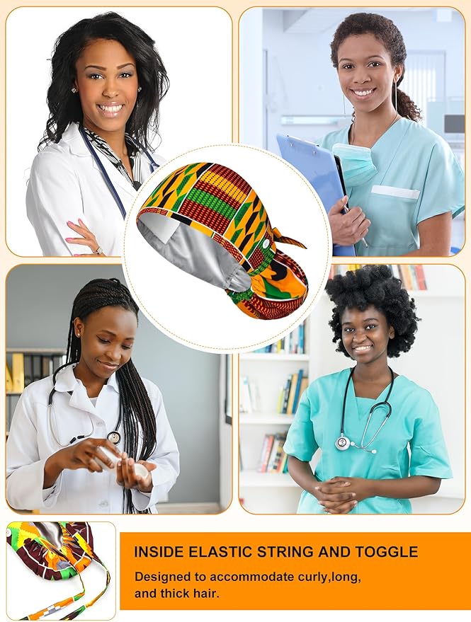 6 Pcs Satin Lined Scrub Caps Women Nurse Surgical Hat with Buttons Ponytail Working Adjustable Pouch Tie Back