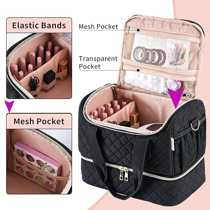 Nail Polish Organizer Fits a Nail Lamp and 50 Bottles,Stylish Nail Organizers and Storage with Side Pockets for Gel Nail Polish Remover,Nail Supplies Set (Patented,Bag Only)-Black01