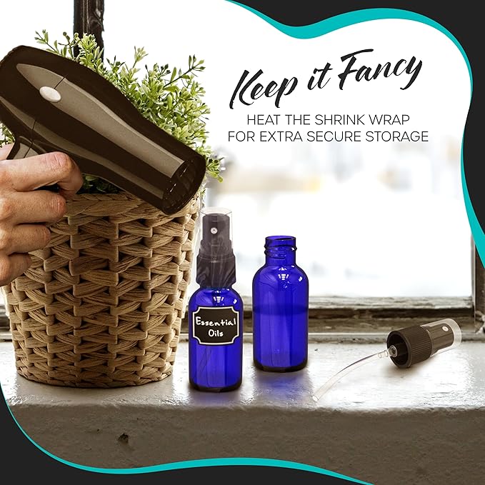 Nevlers 1 Oz Cobalt Blue Glass Spray Bottles Mist Sprayer 24 Pack | Small Spray Bottle Set w/Shrink Wrap, Funnel, Brush, Marker, & Labels | Misting Bottle Sprayer for Home | Travel Spritzer Bottles