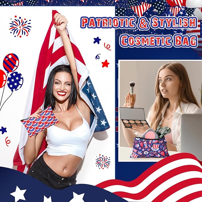 24 Pieces Makeup Bags Bulk Canvas Cosmetic Bags Purse Organizer Zipper Cosmetic Pouch Portable Travel Toiletry Pouch for Women Men Gifts, 7 x 4 Inch (Patriotic)