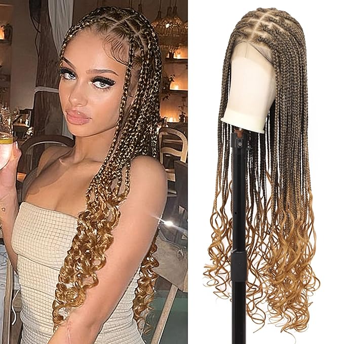 360° HD Full Lace Knotless Braided Wigs for Women Box Braid Wig with Curly End Braided Lace Front Wigs Hair Human Hair Blended Braid Wig with Baby Hair Light Brown 36Inch