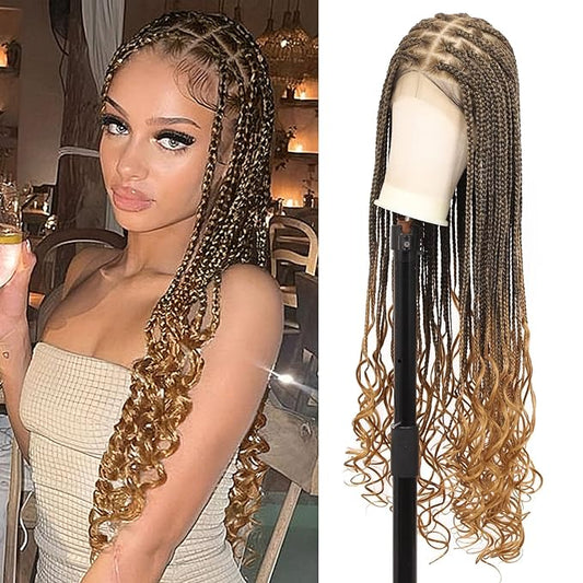 360° HD Full Lace Knotless Braided Wigs for Women Box Braid Wig with Curly End Braided Lace Front Wigs Hair Human Hair Blended Braid Wig with Baby Hair Light Brown 36Inch