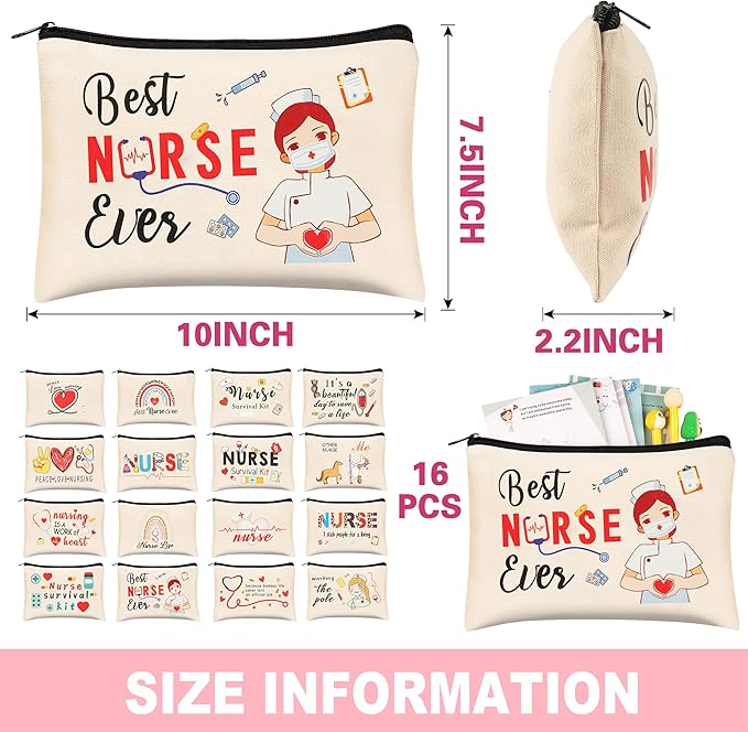 Kolewo4ever 16 Pieces Nurse Survival Kit Nurse Practitioner Gifts Nurse Appreciation Gifts Nurses Week Gifts Nursing Makeup Bags Cosmetic Funny Travel Pouch Bag for Women Nurses