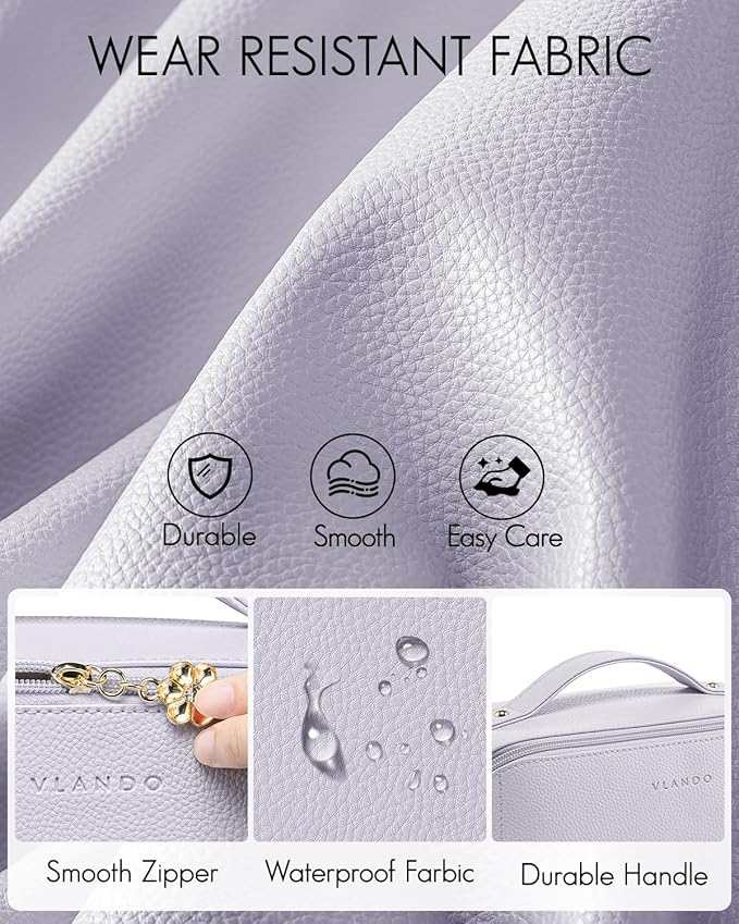 Vlando Makeup Bag,Travel Makeup Bag Waterproof Portable Cosmetic Bag PU Leather Open Flat Make up Organizer for Travelers teen Girls Women,Christmas Gifts for Women(Purple)
