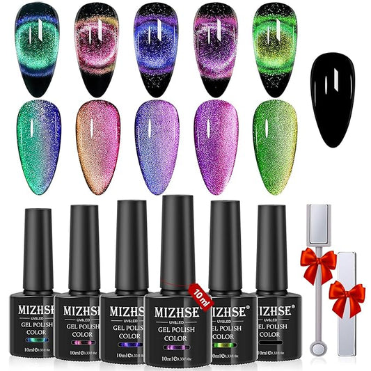 MIZHSE 9D Cat Eye Gel Nail Polish, Magnetic Cat Eye Gel Polish Set, 10ml*6 with 2 Magnets, Classic Colors Chameleon Magic Galaxy Effect Soak off Nail Art, Sparkle Stunning Gel Polish Gift for Women