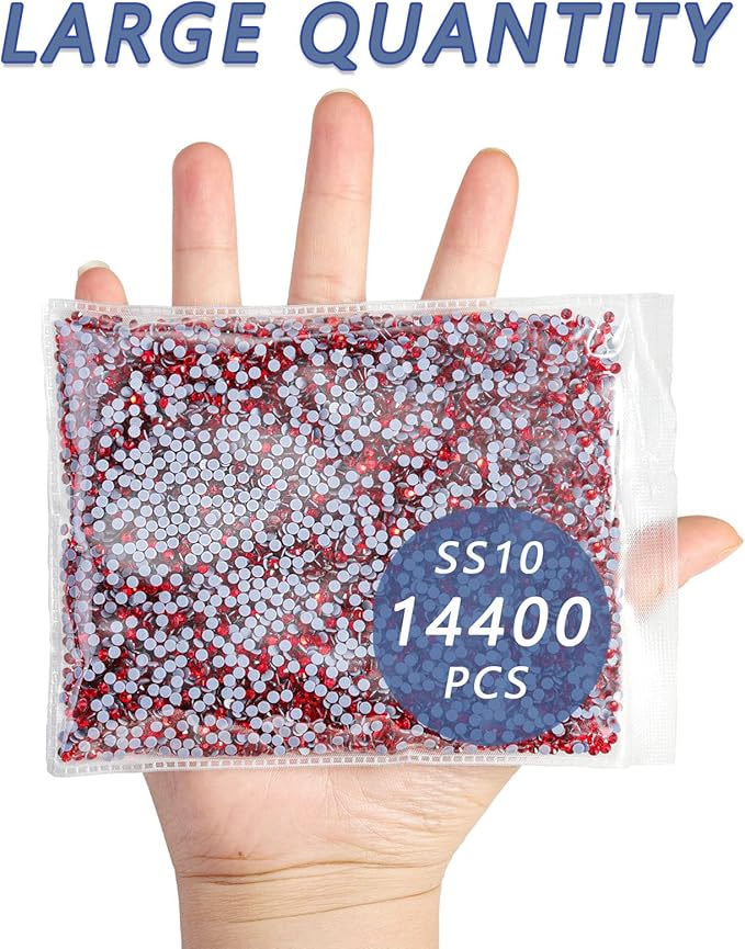 Beadsland Hotfix Rhinestones Bulk, 14400pcs Red Hot Fix Rhinestones for Crafts Clothes DIY Decoration, Light Siam, SS10, 2.7-2.9mm