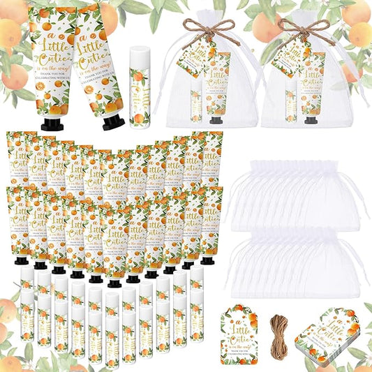 48 Sets 192 Pcs Baby Bridal Shower Hand Cream and Lip Balm Gift Baby Shower Wedding Party Favor Travel Size Hand Lotion and Lip Balm Bulk with Organza Bags Tags for Guests(Little Cutie)