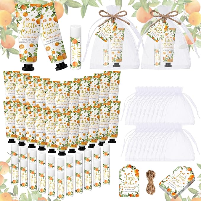 48 Sets 192 Pcs Baby Bridal Shower Hand Cream and Lip Balm Gift Baby Shower Wedding Party Favor Travel Size Hand Lotion and Lip Balm Bulk with Organza Bags Tags for Guests(Little Cutie)