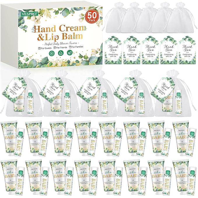 50 Pack Hand Cream Bulk and Lip Balm Bulk Gifts Sets, Baby Shower Favors and Bridal Shower Favors for Guests with Thank You Card and Organza Gift Bags, Thank You Gifts for Women (Oh Baby)