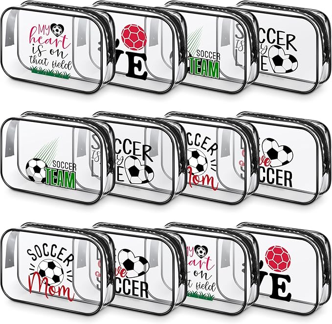 Abbylike 12 Pcs 7 x 4.7 x 2.4'' Soccer Theme Cosmetic Bag Soccer Gifts Accessories for Makeup Clear PVC Soccer Case Toiletry Zipper Pouch for Women Travel Vacation