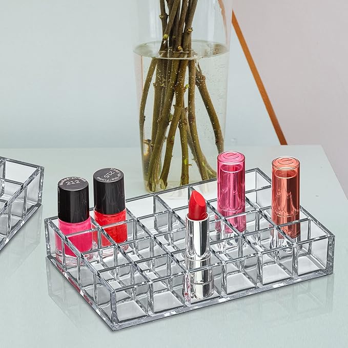 Amazing Abby - Allure - 2-Pack 24-Slot Acrylic Lipstick Organizer, Lipstick Holder, Lip Gloss Holder, Cosmetic Storage Display, Perfect Storage Solution for Drawer and Vanity (Slot Size: 1.0" x 1.0")