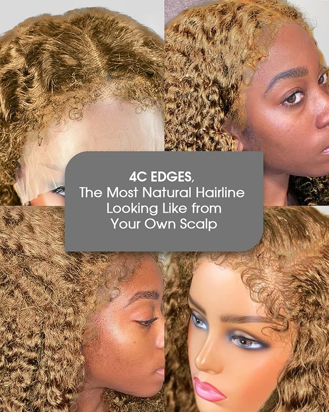 4C Edges HD Lace Front Wig Human Hair Honey Blonde Kinky Curly Wig, 13x4 Lace Frontal Kinkycurly Wigs with 4C Kinky Edges Hairline Pre-Plucked 180% Density 18 inch