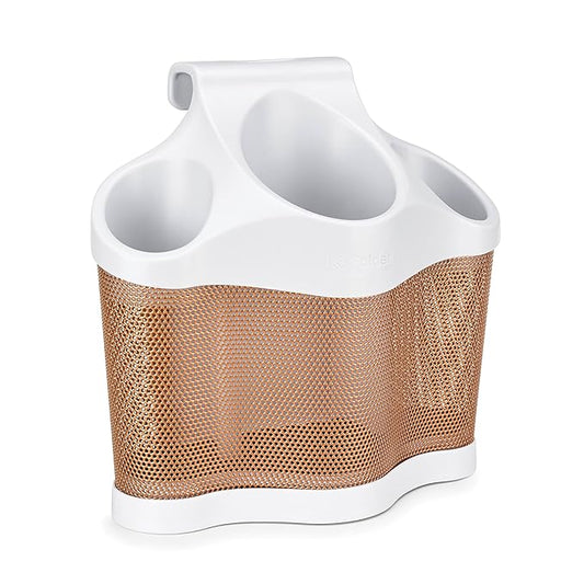 Polder Style Station, Tool Organizer for Hair Dryer, Curling Iron, and Straightener, Easy-to-Store Hair Styling Station, White and Copper
