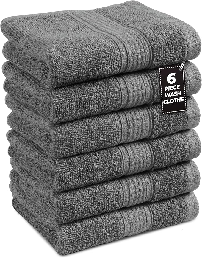 LANE LINEN Pack of 6 Washcloths Set - Spa & Salon Quality - 100% Mercerized Cotton Face Towels - Ring Spun, Very Soft & Absorbent Wash Cloths for Showering - Fingertip Towels - 13"x13", Space Grey