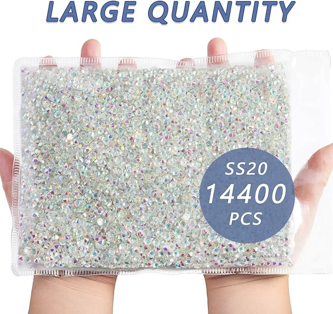 Beadsland Flatback Rhinestones Bulk,14400PCS Crystal Rhinestones for Nails Crafts Clothes DIY Decoration, Transparent AB, SS20, 4.6-4.8mm