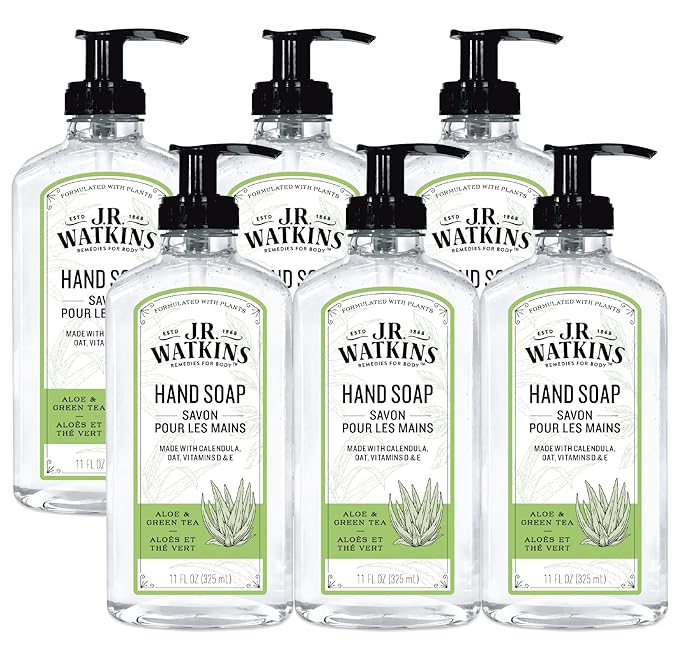 J.R. Watkins Gel Hand Soap, Scented Liquid Hand Wash for Bathroom or?Kitchen, USA Made and Cruelty Free, 11 fl oz, Aloe & Green Tea, 6 Pack