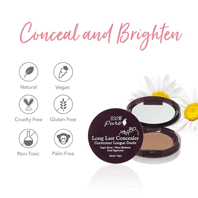 100% PURE Fruit Pigmented Long Last Compact Concealer, Toffee, Full Coverage Concealer, Diminish Dark Circles (Tan with Yellow Undertones) - 0.11oz