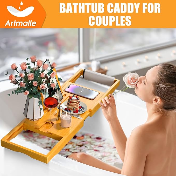 Artmalle Bathtub Caddy Tray for Tub, Expandable Bamboo Bath Table Tray with Book Stand for Home Spa Relaxing, Foldable Minimalist Bathroom Accessories for Women Men (Simple, Natural) (Natural)