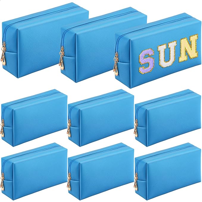Sanwuta 9 Pcs Preppy Makeup Bag PU Leather Cosmetic Bag Makeup Pouch Plain Waterproof Toiletry Organizers for Traveling Preppy Travel Purse End of the Year Teacher Gifts Bulk(Blue)
