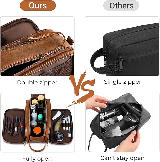 Elviros Toiletry Bag for Men, Large Travel Shaving Dopp Kit Water-resistant Bathroom Toiletries Organizer PU Leather Cosmetic Bags (Medium, Brown)