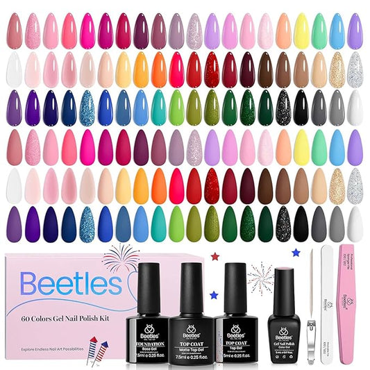 Beetles Gel Nail Polish Set, 70 Pcs 60 Colors Summer Gel Nail Polish Kit Nude Pink Jelly Pastel Neon Blue Red Green Glitter with Base Top Coat Manicure Gifts for Mom Seasonal Harmony