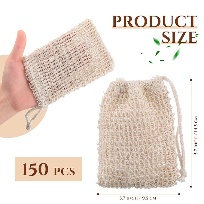 Rtteri 200 Pcs Soap Exfoliating Bag, Natural Sisal Soap Pouch Saver Body Shower Bar Mesh Body Net with Drawstring for Foaming and Drying