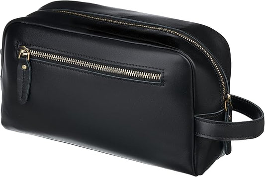 Awesometik Mens Travel Bag Toiletries Organizer Case for Grooming, Toiletry Bag for Men, Travel Essentials Shaving Dopp Kit, Geniune Leather Water Resistant Cosmetic Bag Pouch (Black)