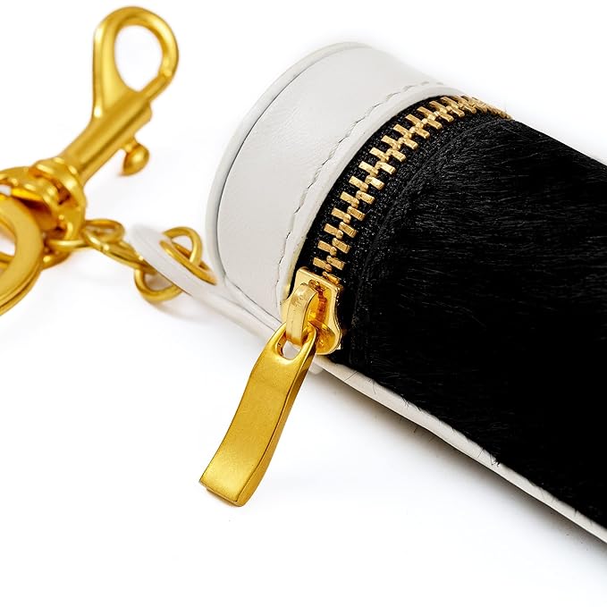 Cockatoo Nappa Leaeher Zipper Lipstick Case with Keyring Chapstick Holder Keychain (Horsehair/White)