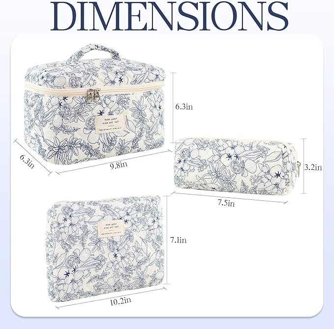Makeup Bag, 3 PCS Quilted Makeup Bag, Cute Floral Cotton Cosmetic Bag set, Coquette Makeup Pouch Large Travel Toiletry Bag
