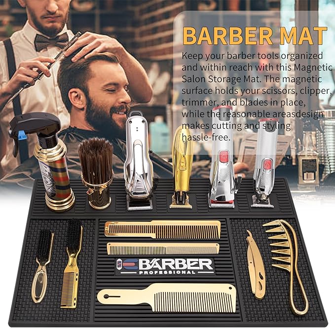 Magnetic Barber Mat for Station Barber Organizer Mat for Clipper Salon Station Tools with 6 Slots for Clippers Salon Barbershop Work Station Pads anti slip 19" X 12.5”-Black