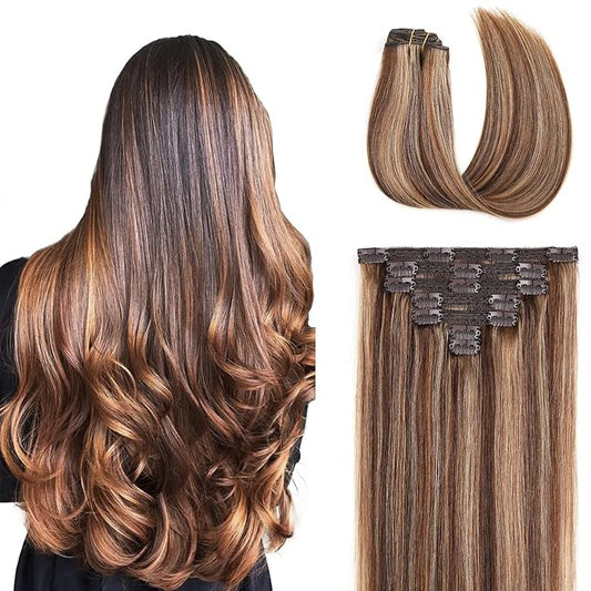 Clip In Human Hair Extensions,Double Weft Real Hair Extensions 70g 7pcs Straight Human Hair Clip In Extensions 18Inch Chocolate Brown to Caramel Blonde #4/27 Human Hair Clip In Hair Extensions