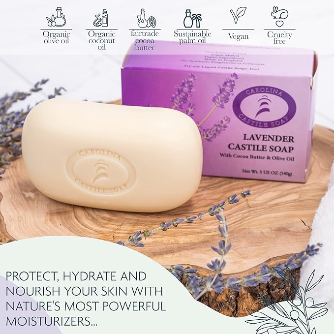 Body Wash Castile Soap Bar for Sensitive Skin – Long Lasting Natural Bar Soap for Men and Women with Olive Oil and Cocoa Butter - Vegan Lavender Scented by Carolina Castile, 5 oz Each