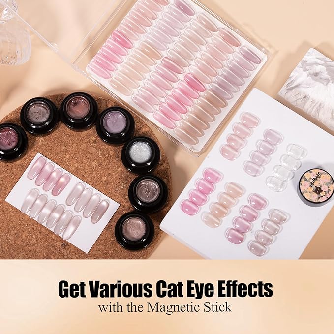 Adhere 7Pcs 5G Ultrafine Magnetic Water Light Sensation Colorful Light Cat Eye Gel Nail Polish, Transparent Light Pink Colored Glass Bead Cat Eye with Magnet Brush