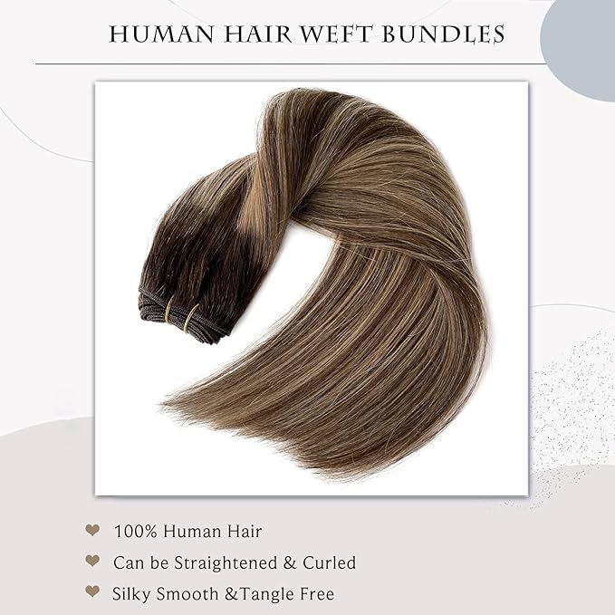 Sew in Hair Extensions Real Human Hair, Weft Hair Extensions Human Hair Bundles 16Inch 100G Ombre Brown Balayage Caramel Blonde Hair Extensions Real Human Hair Hand Tied Weft Weave Sew in Extensions