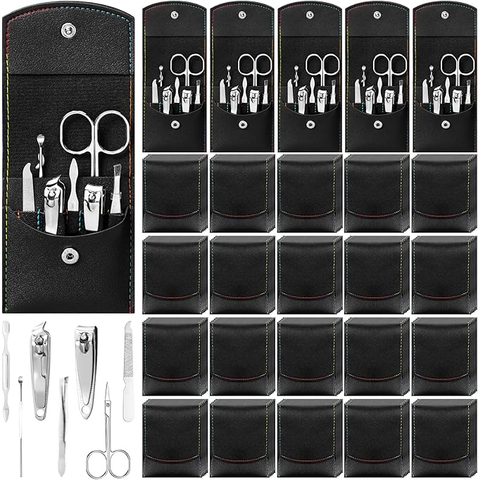Lasnten 100 Bulk Nail Clipper Set Bulk Manicure Kit Stainless Steel Pedicure Professional Nail Care Kit with Travel Case Portable Grooming for Husband Men Women Family(Black,7 in 1)
