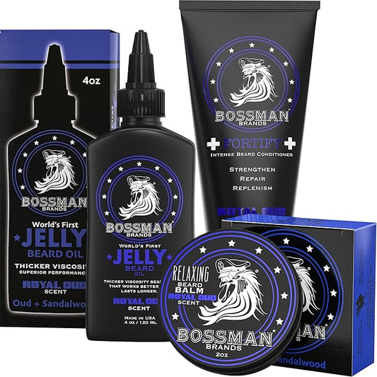Bossman Essentials Beard Kit for Men – Beard Oil Jelly, Fortifying Conditioner Cream & Beard Balm – Grooming Care Accessories (Royal Oud Scent)