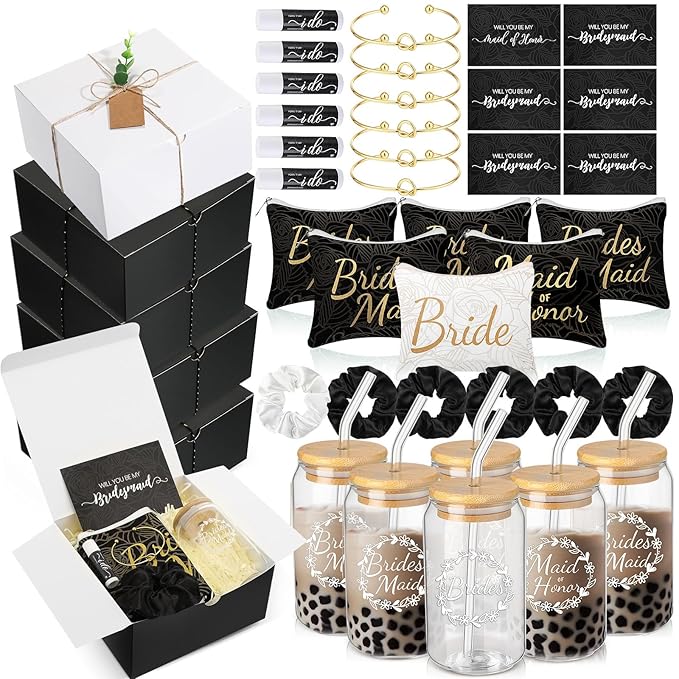 54 Pcs Bridesmaid Proposal Gifts Bridesmaid Box Set Include Bridal Shower Gift Box Makeup Bag Invited Card Glass Cup Lip Balm Scrunchie Hair Knotted Bracelet for Maid of Honor(Black, White)