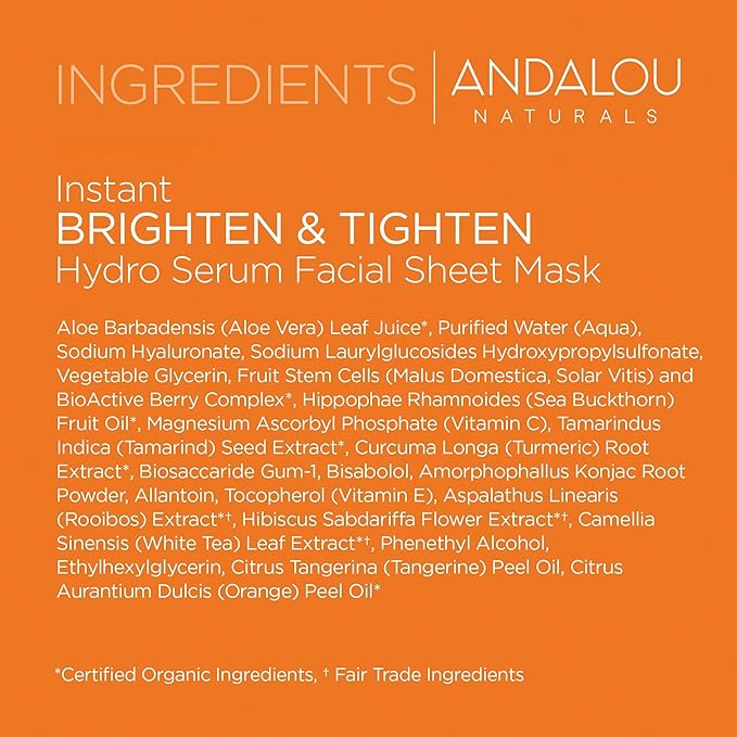 Andalou Naturals Instant Brighten and Tighten Hydro Serum Facial Mask, Single Face Mask, 0.6 Ounce (Pack of 6)
