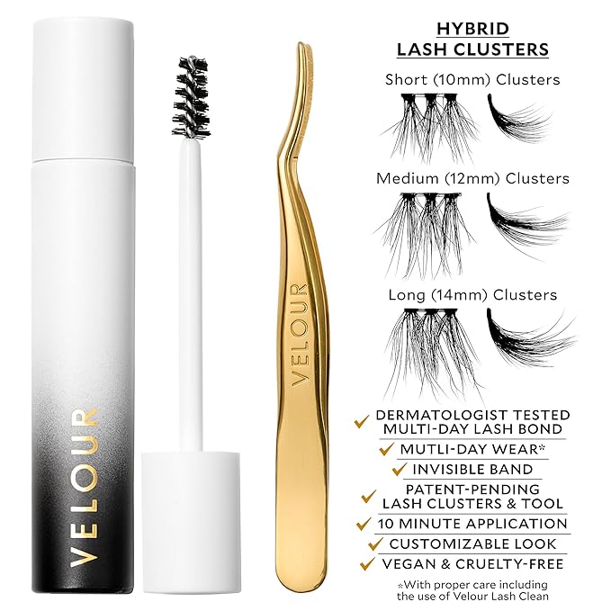 Velour-Xtensions™ Lash Clusters Kit, DIY Lash Extension Set at Home, Salon Quality Lashes in 10 Minute, Includes 12 Eyelash Clusters (10mm-14mm) + Lash Bond + Lash Applicator, Individual Lashes Kit