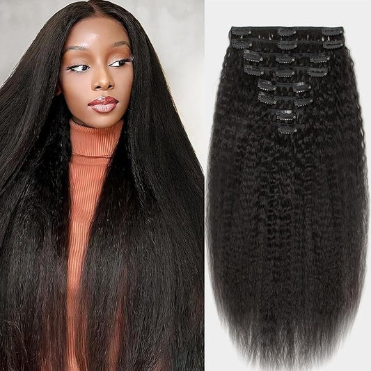 Kinky Straight Clip in Hair Extensions Real Human Hair 20 Inch Yaki Straight Clip ins for Women Brazilian Remy Human Hair Extensions Double Weft 8pcs 100g Per Set with 18 Clips Natural Black