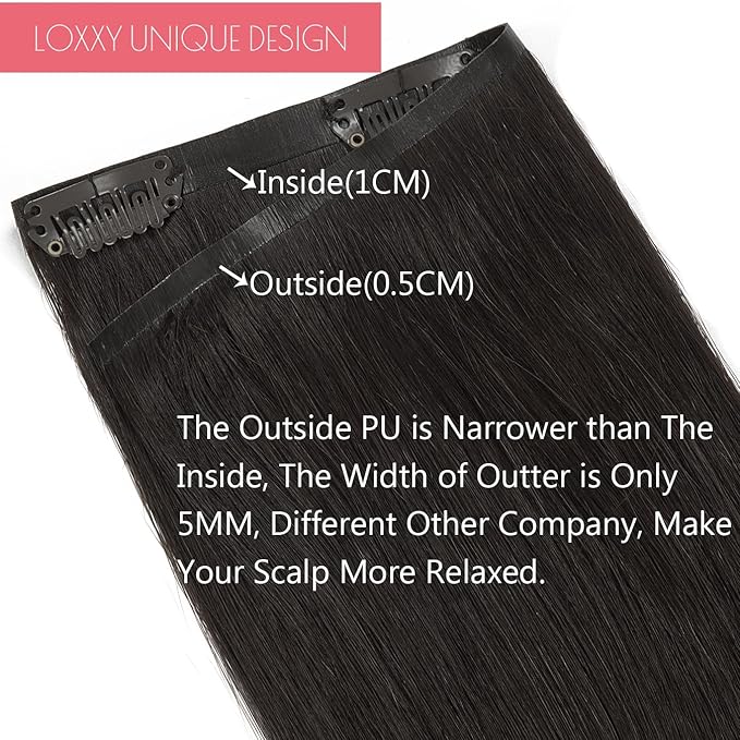 Loxxy Seamless Hair Extensions Clip in Human Hair For Women Ultra-Invisible PU Weft Clip On Hair Extensions Natural Black #1B Color 14inch 7 Pieces Thick Seamless Clip in Hair 110gram