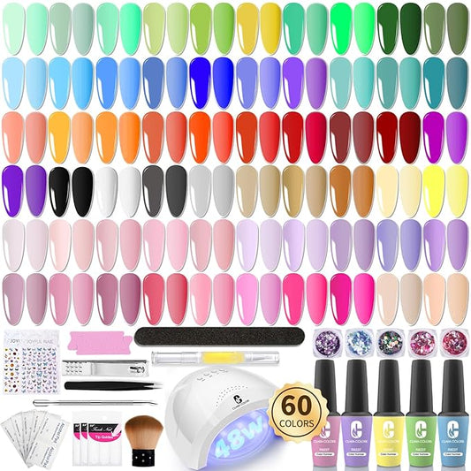 Clara Colors 64 Pcs Gel Nail Polish Kit with UV Light - 60 Colors All Seasons Soak Off Gel Polish Nail Set with Matte/Glossy Base Top Coat Manicure Tools All-In-One Gel Starter Kit Nails Art DIY