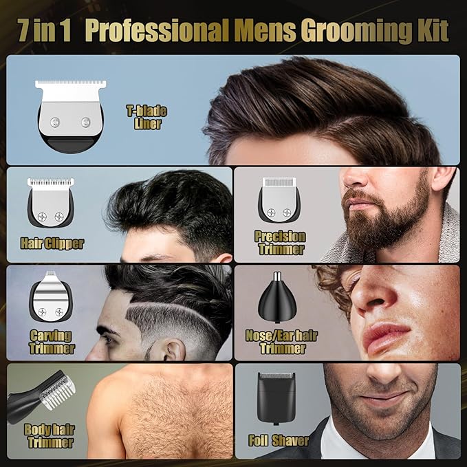 Brightup Beard Trimmer for Men, Professional Zero Gapped T-Blade Trimmer, Cordless Hair Clipper, 7 in 1 Grooming Kit for Face Electric Razor Shavers Mustache Body Nose Trimmer, Gift for Men